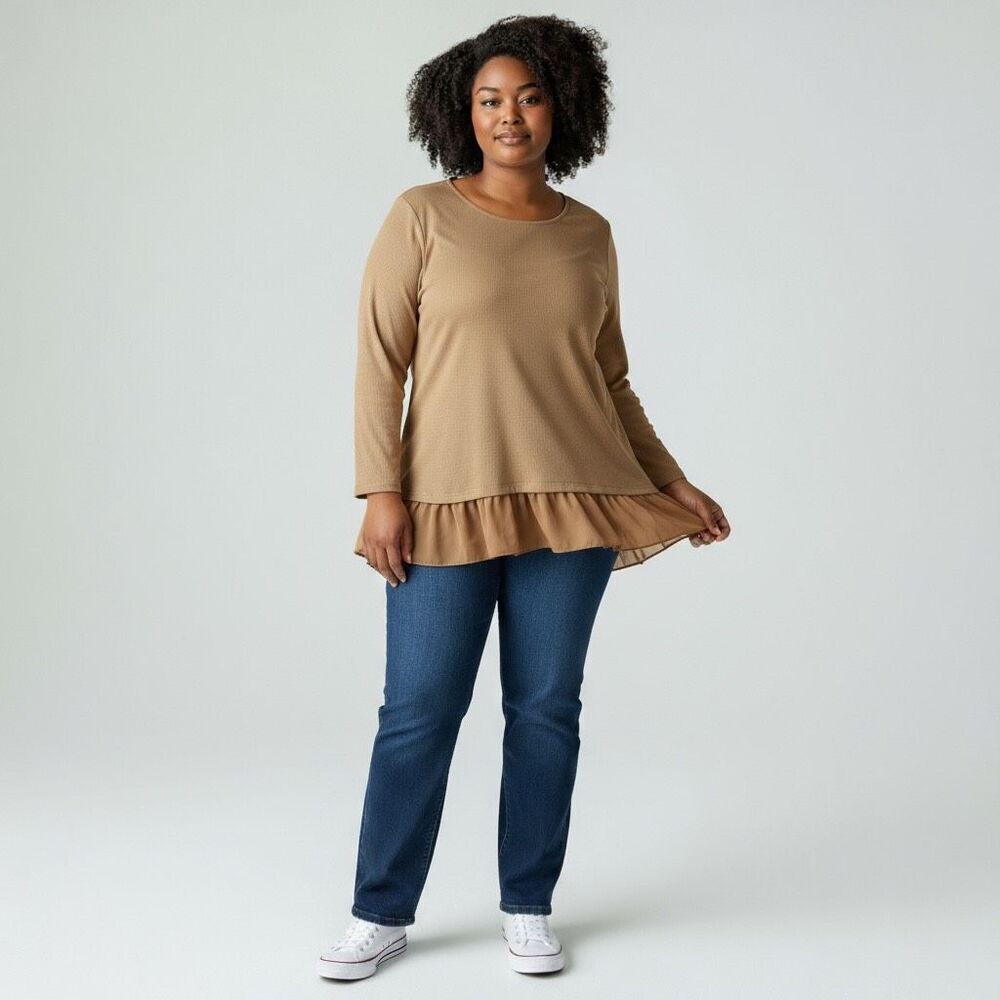 CL Shang Beige Peplum Long Sleeve Layered Top Blouse Size 2XL